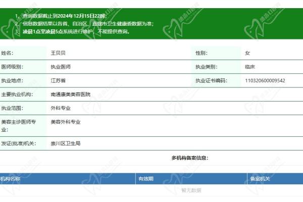南通康美美容醫(yī)院王貝貝醫(yī)生資質(zhì)認(rèn)證